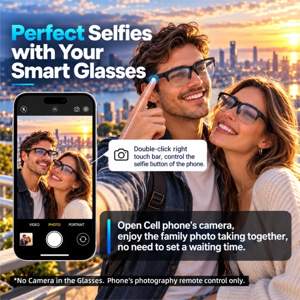 New Smart Glasses Voice Assistant Music Listening Wireless Bluetooth Call Driving Sunglasses Headphone Touch Control Selfie