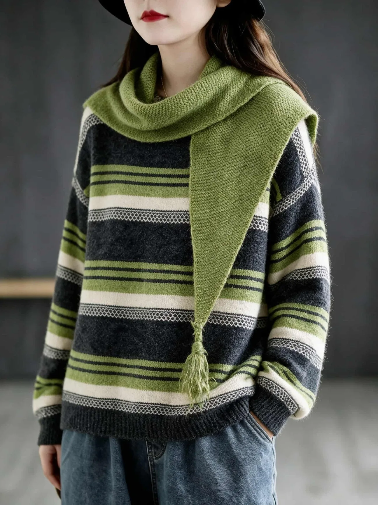 Artistic Large Size Women's Sweater Jacket with Shawl Stripe Pattern All-Match Overhead Style for Autumn And Winter