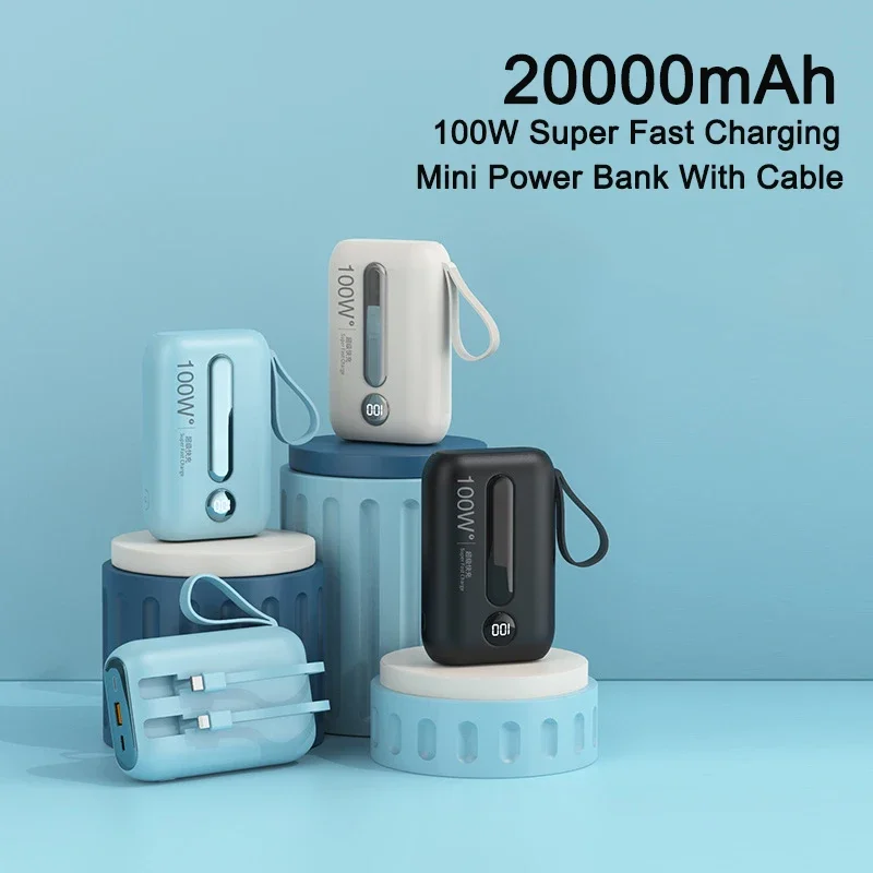 

Mini Power Bank 20000mAh 100W Super Fast Charging With Cables Portable External Battery Pack for iPhone Xiaomi Samsung Powerbank