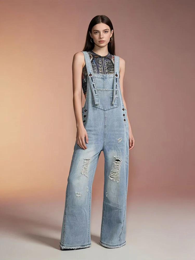 Fashion Retro Ripped Hole Denim Overalls Women New Versatile Loose Wide Leg Pants Streetwear Casual Pockets Jean Jumpsuits