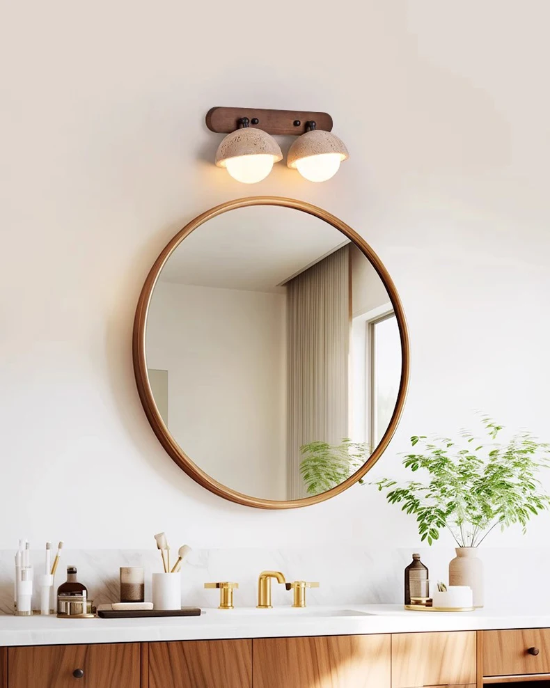 Dark Wood Base LED Wall Lamp Real Stone Vintage Sconce