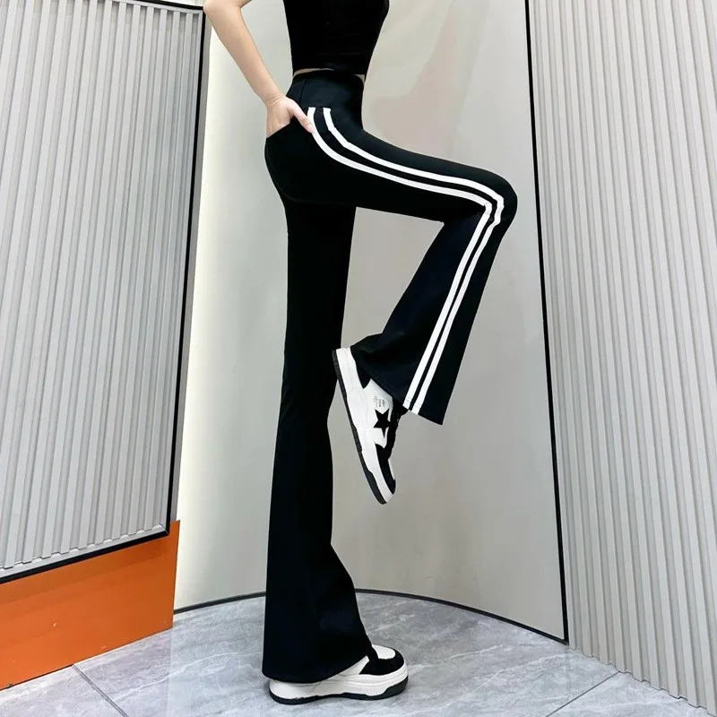 Fashion Side Stripe Flared Shark Pants Female Thin Style Leggings High Waist Hip Liftting Workout Running Skinny Yoga Leggings