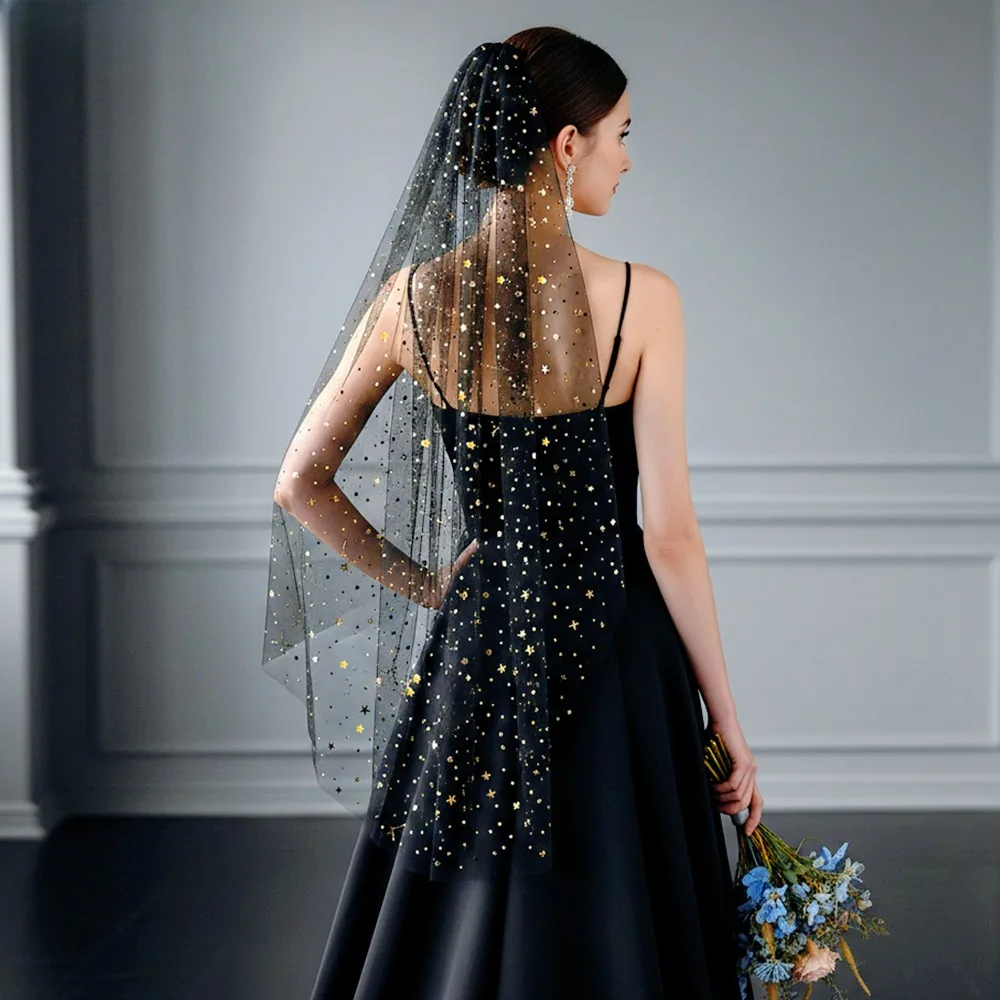 

Black One-Layer Starry Glitter Bridal Veil with Comb for Halloween Ghost Bride Theme Wedding Dress Wedding Accessories Women's