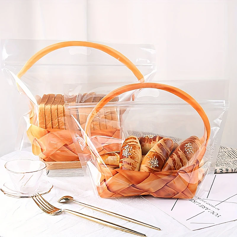 10Pcs Transparent Ziplock Bags Large Transparent Toast Bag Bread Holder Portable Self-Adhesive Pastry Food Packaging Bakery Gift