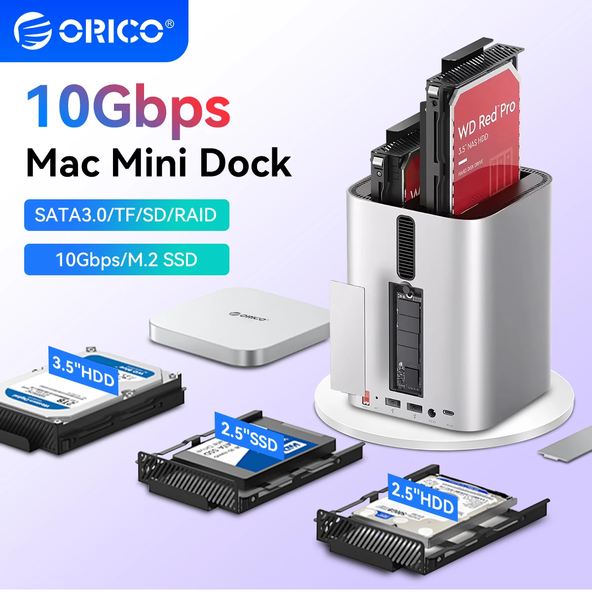 

ORICO 2.5/3.5" M.2 SSD Case Hard Drive Enclosure Mini Tower Mac Mini M4 Dock Type C Docking Station Desktop Hybrid Storage DAS