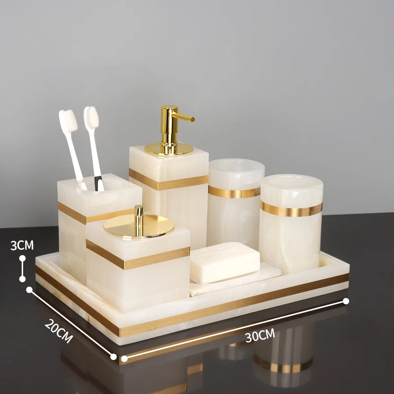 White Onyx Natural Marble Bathroom Accessories Gold Luxury Soap Dispenser Cotton Swab Holder Toothbrush Holder Bathroom Set