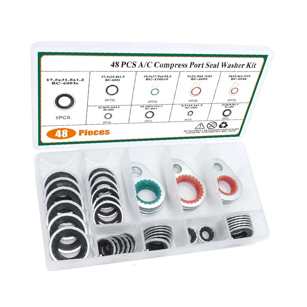 48PCS AC System Compressor Gasket Seals Kit for Automotive Air Conditioning Repair with Metal Ring and Rubber Washer