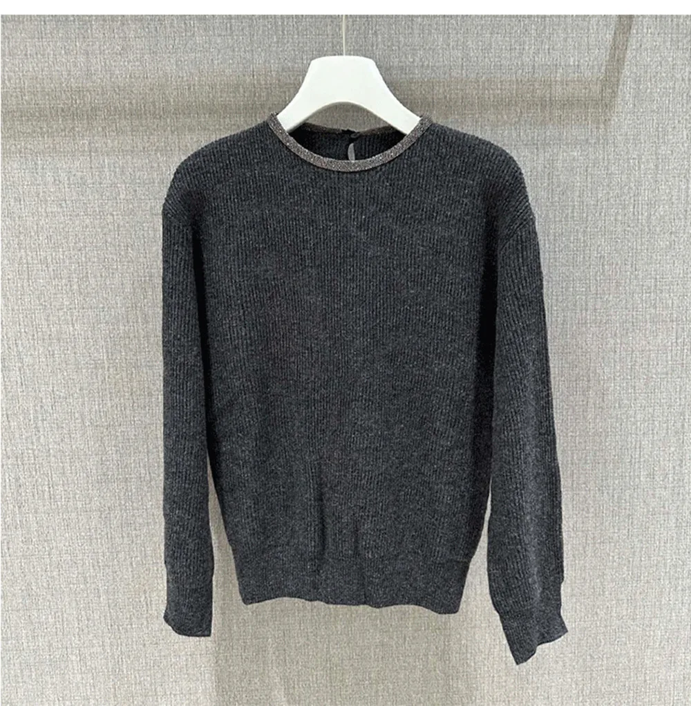 100% Cashmere Sweater Fall Winter Women Beaded O-Neck Knitted  Sweater Female Long Sleeve Pullover