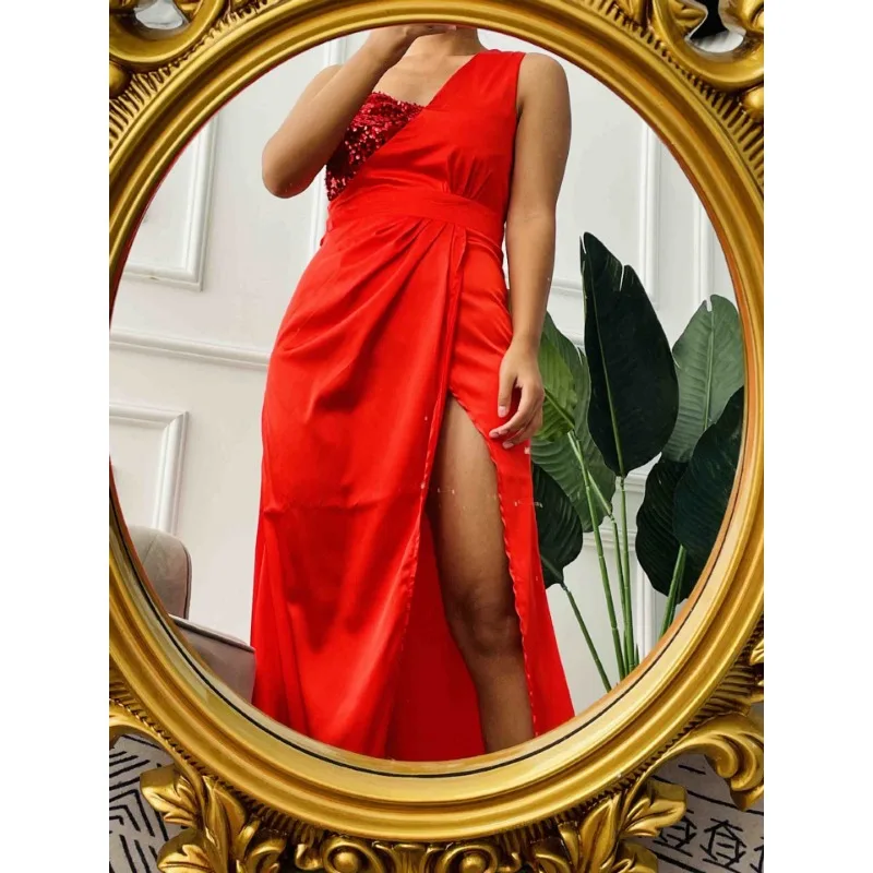 Spring Summer over the Knee Elegant Red High Collar V-neck Adult Temperament Chinese Evening Dress