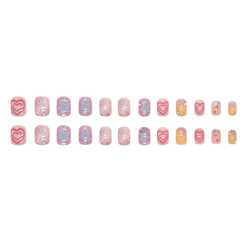 24 pz/set Full Cover Press on Nails unghie finte viola staccabili Cute Butterfly Heart Star Kawaii Short Square punte per unghie finte