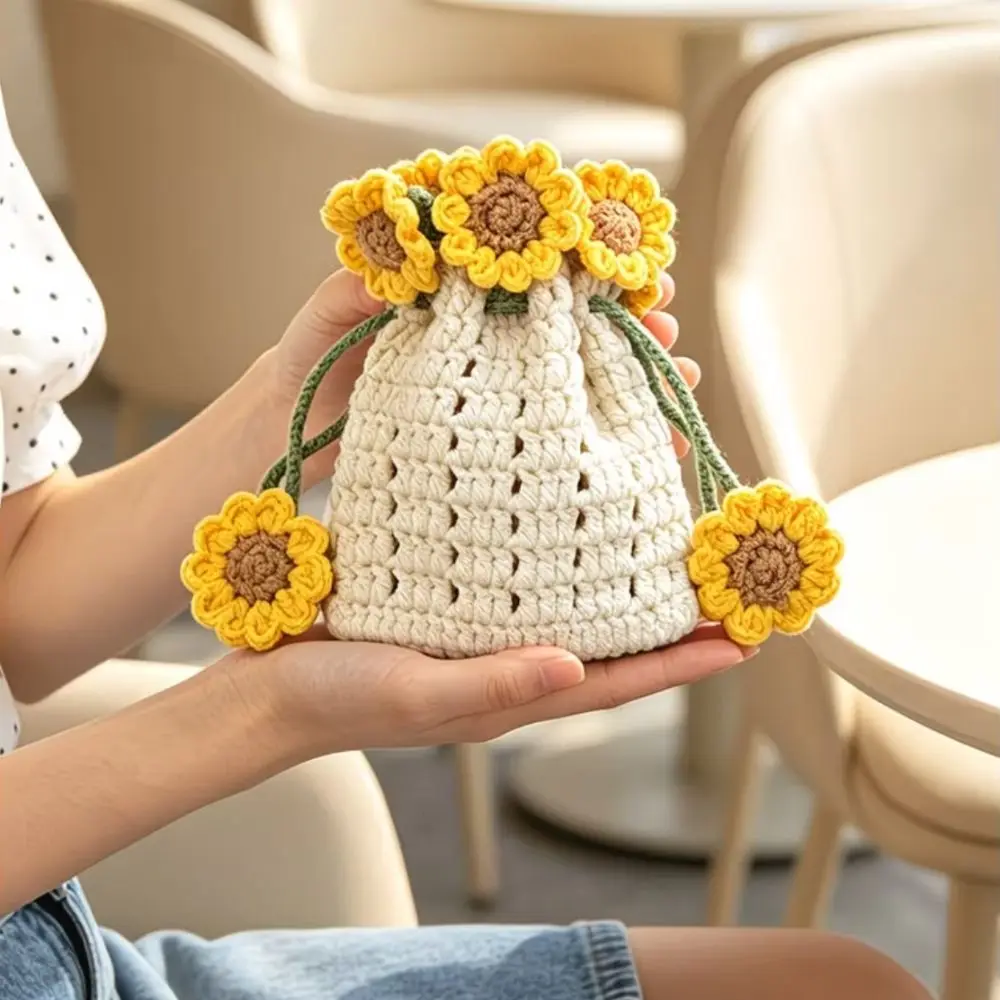 Cotton-Linen Hanging Organizer Pouch Multi Closure Sunflower Shape Sunflower Shape Pouch Handwoven Hanging Design