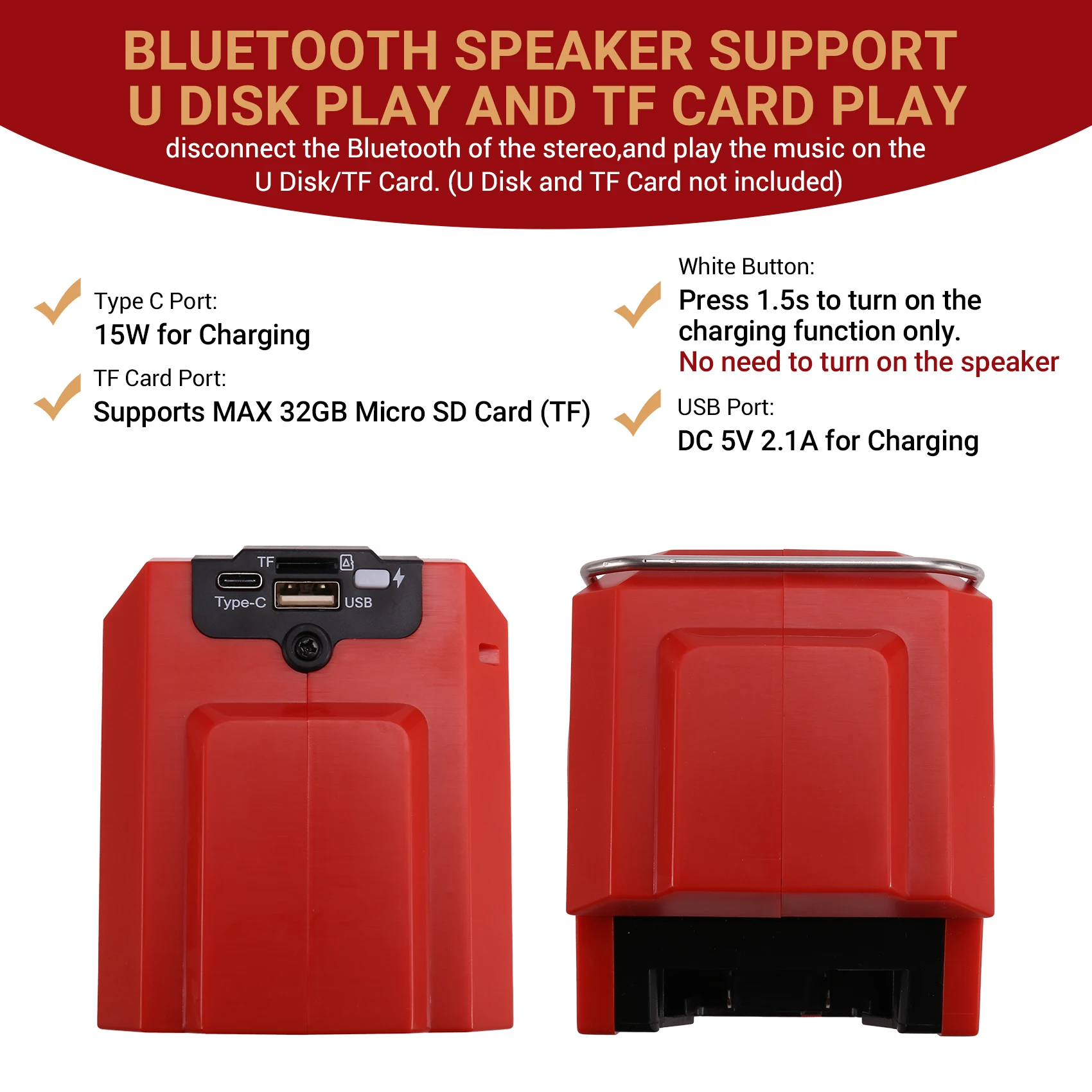 AT42 Portable Bluetooth Speaker for 18V Battery with USB&Type-C TF Card Port for Camping & Partie