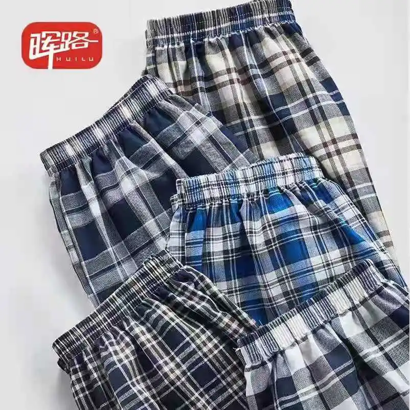 Wholesale HuiLu Cotton Short Lounge Pants for Men -  Woven Soft Plaid Check Sleeping Pajama Pants with Pockets 5 Pack