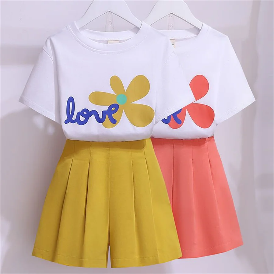 7 8 9 10 11 12 13 14 Years Old Big Girl Baby Clothes Sets Summer Short Sleeve Tee Tops+Skirt 2pcs Outfits Clothing Suits