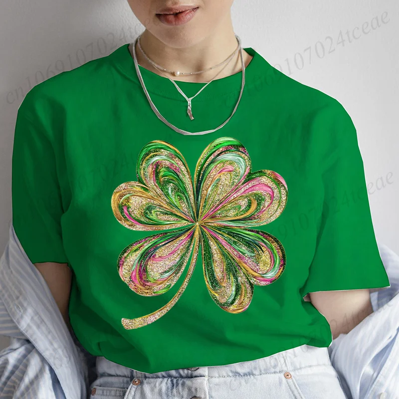 St. Patrick's Day Glitter Shamrock T-shirt for Women Clothing 2025 Fashion Lucky Graphic Tops Harajuku Short Sleeve Female Tees