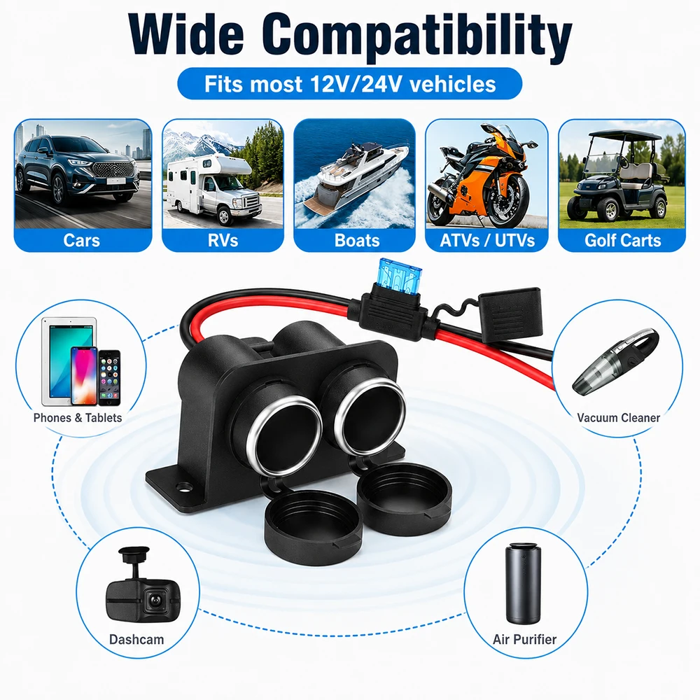 multi socket car cigarette lighter splitter HURMAI Adapter 216W 4 Heavy Duty Truck USB Chager Port with PD30W/QC3.0 Charge USB C 12V/24V Independent Switches & Dust Cover & Waterproof for Car PLEASE DO NOT CONNECT THE CAR REFRIGERATOR Multi Car Cigarette Lighter Splitter