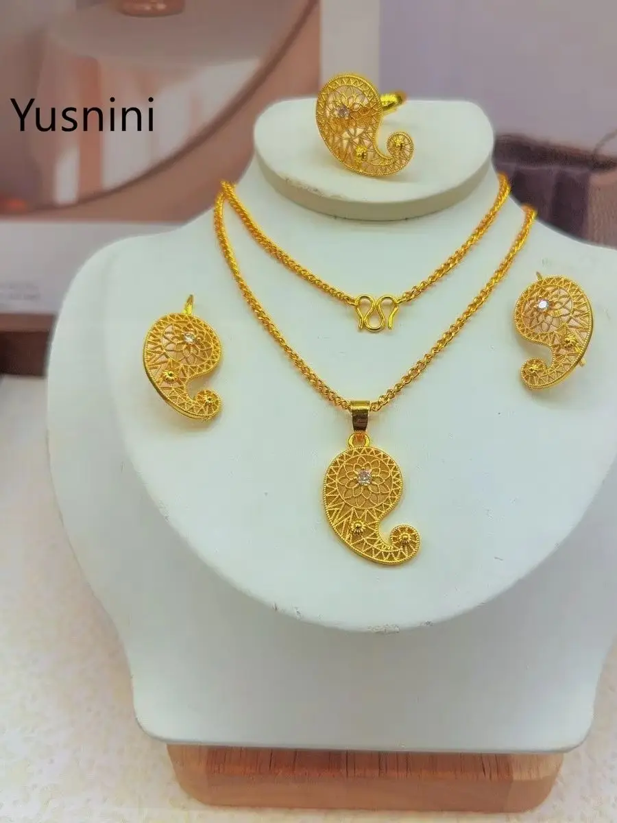 New Fashion High-End Dubai 24K Gold Plated Necklace Earrings Ring Romantic Wedding Party Jewelry Set for Lover 555 - view 5