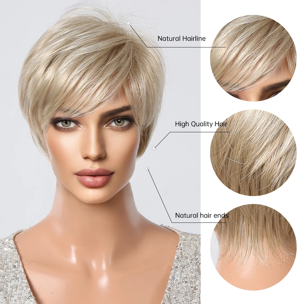 ALAN EATON Blonde Short Pixie Cut Synthetic Wig for Women Ombre Platinum Blonde Wigs with Bangs Daily/Party Heat Resistant Hair