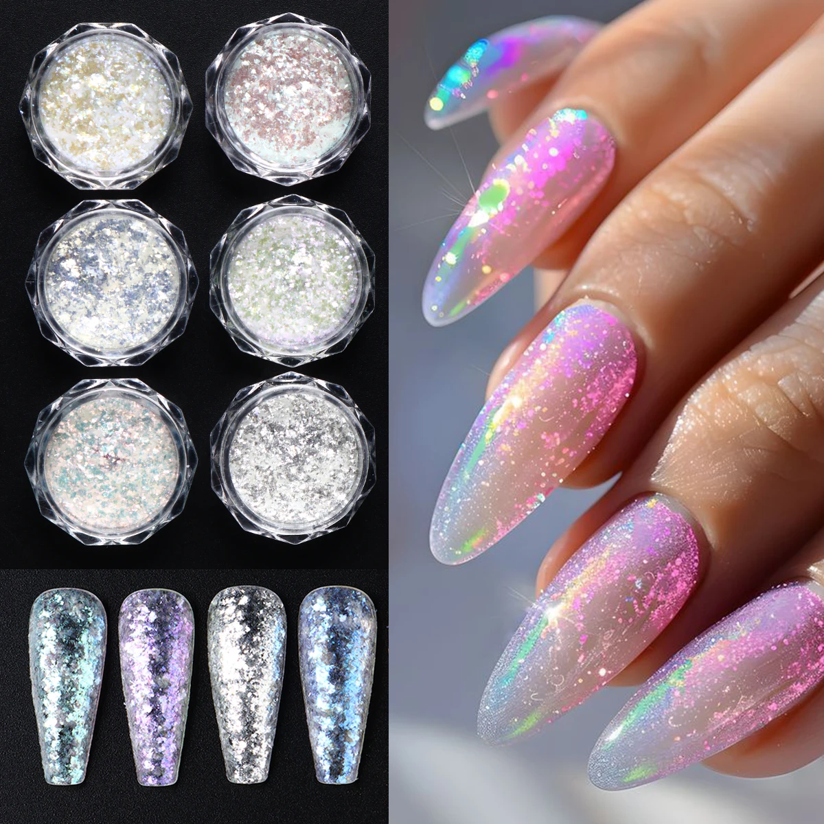 6 Farben/Set Meerjungfrau Aurora Nail Art Glitzerpulver Mondlicht Spiegelstaub Opal Sparkle Chrom Pigmentstaub Ultradünne Pailletten