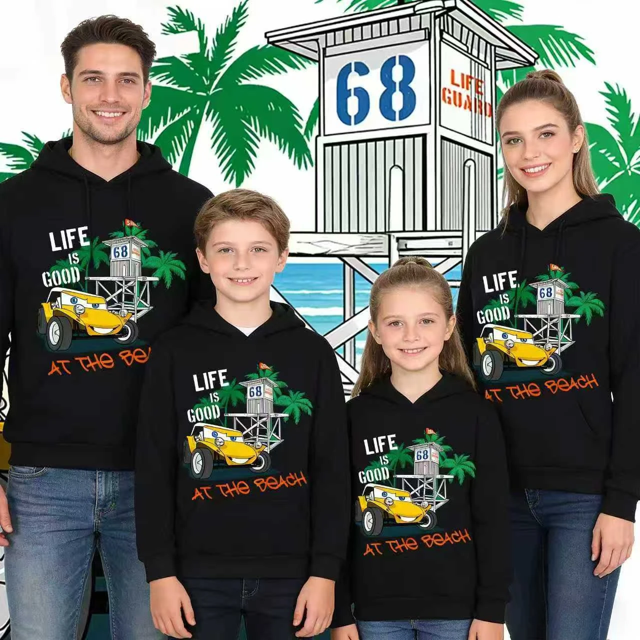 

Осенне-зимние семейные худи 2026, повседневные толстовки с капюшоном из 100% чистого хлопка, унисекс, с принтом «Cars Beach Life Is Good»