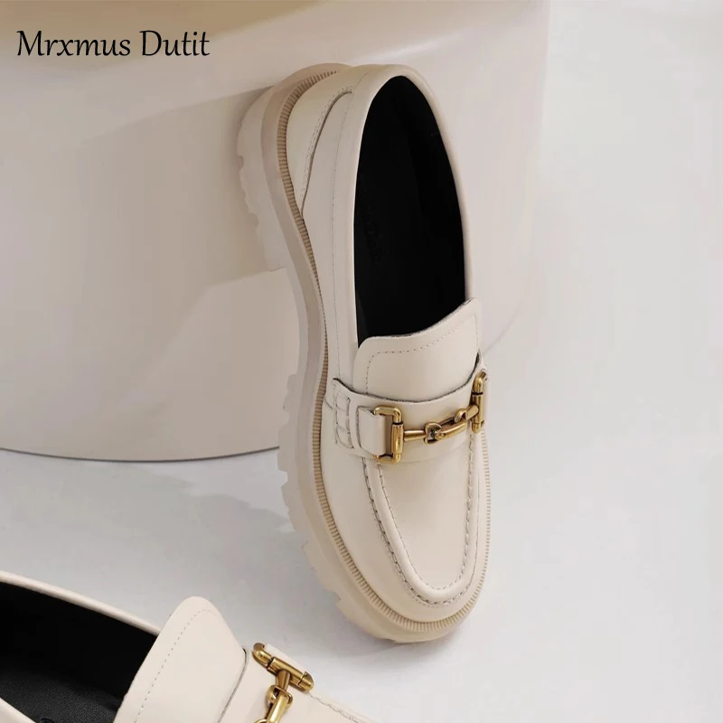 Mrxmus Dutit 2024 New Women Genuine Leather Round Head Thick Loafer Shallow Black Wild Casual Simple Slip-on Shoes Female Chic