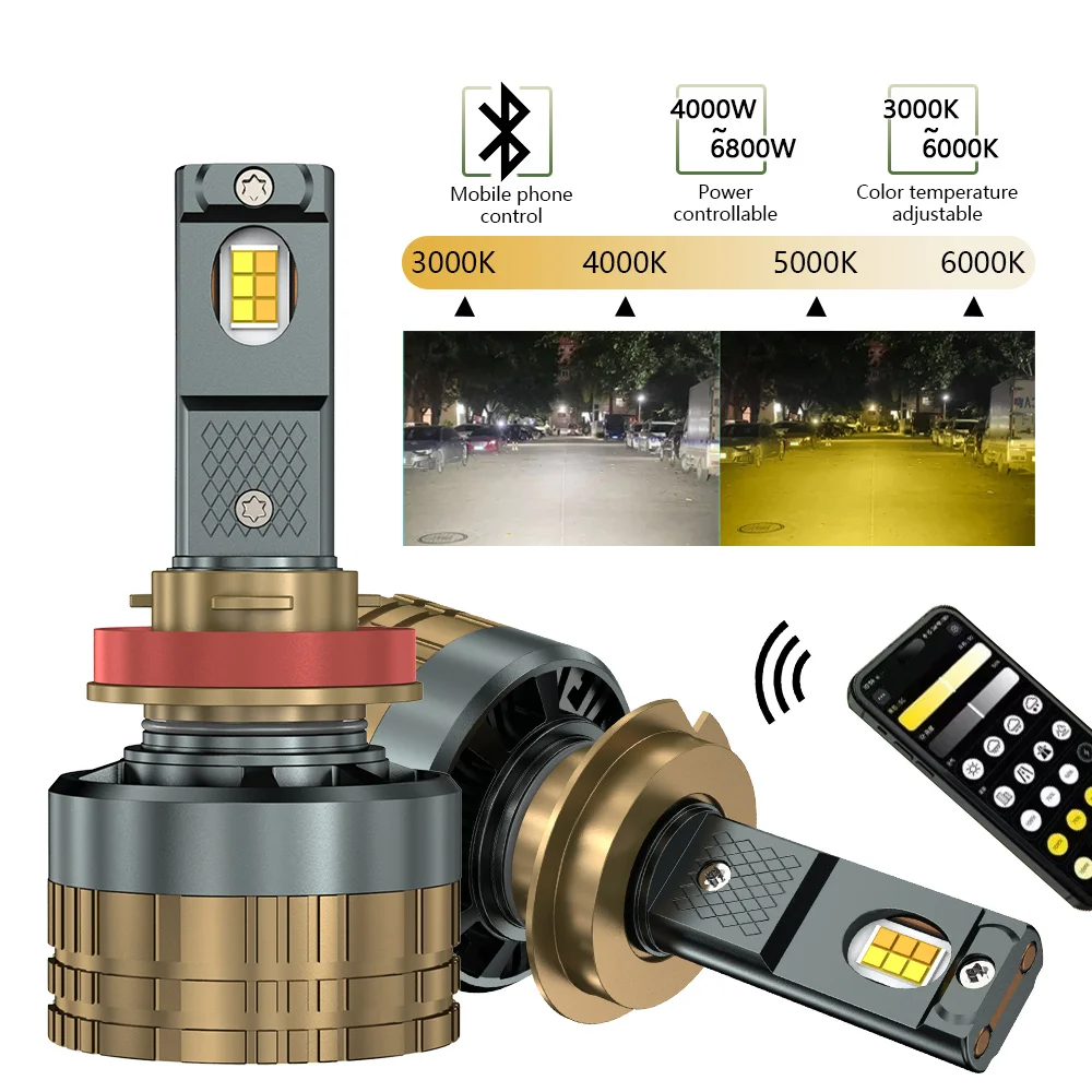 

2PCS Mobile phone Control LED Headlight H7 H4 H8 H9 H11 9005/HB3 9006/HB4 H1 Car Bulb APP Adjustable Power 3000K~6000K 12V 24V