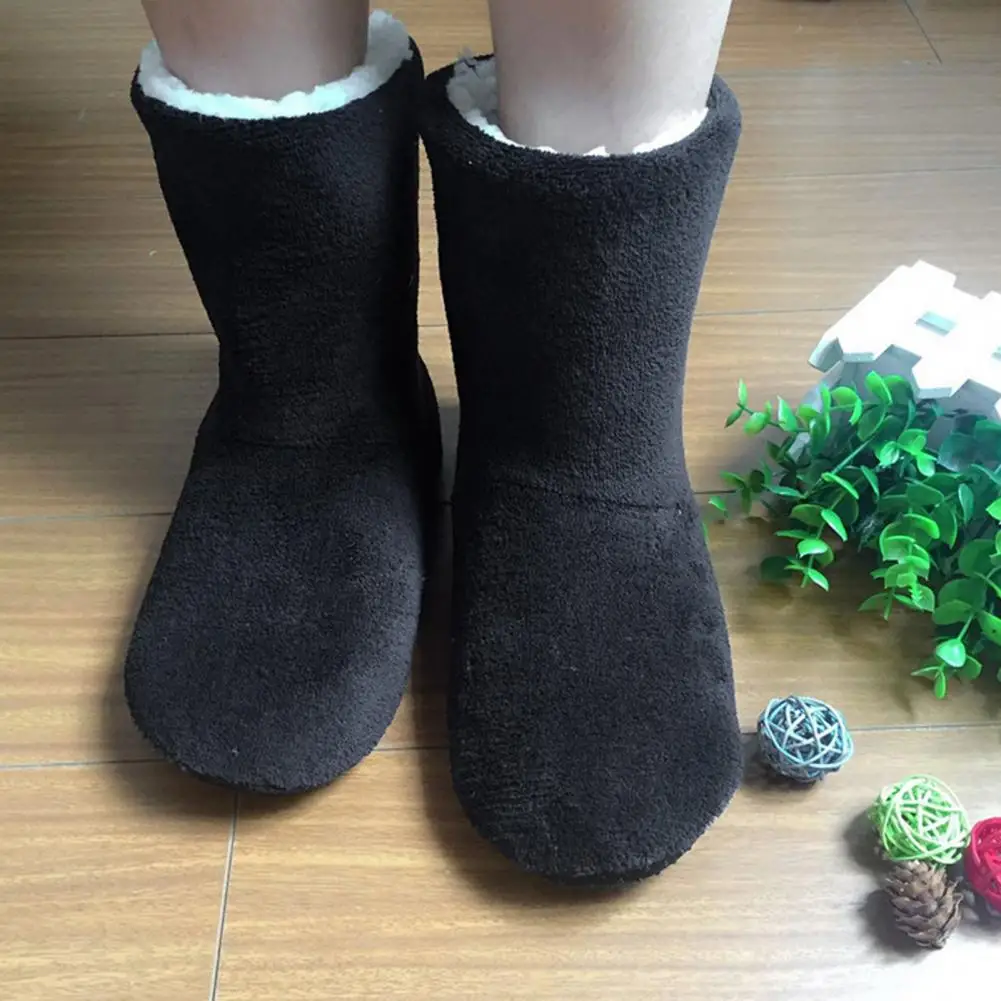 1 Pair Floor Boot Socks Non-slip Mid-calf Plush Lining Thickened Coldproof Winter Thermal Women Men Indoor Shoes Socks for Home