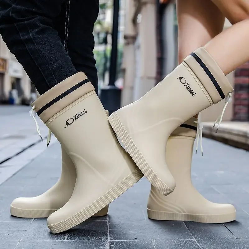 Warm Rain Boots for Men Drawstring Man Shoes Beige Winter Gum Original Waterproof and Non-slip Plastic Rubber Work Resistant New