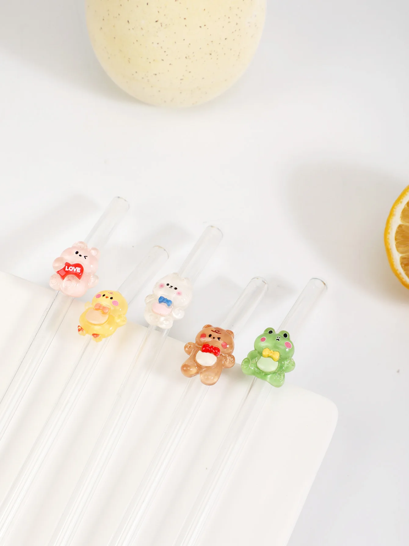5PCS Animal Glass Straw Set, Bear/Rabbit/Frog/Duck/Cat Designs for Tea, Drinks & Cocktails. Essential for Parties, Picnics