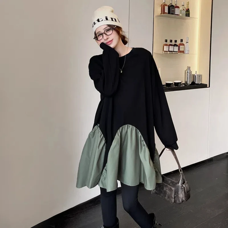 Autumn Winter Thick Hoodies Dresses Woman for 2024 New Patchwork Black Dress Lady Vestidos Long Sleeve Female Robe Cothes KE500