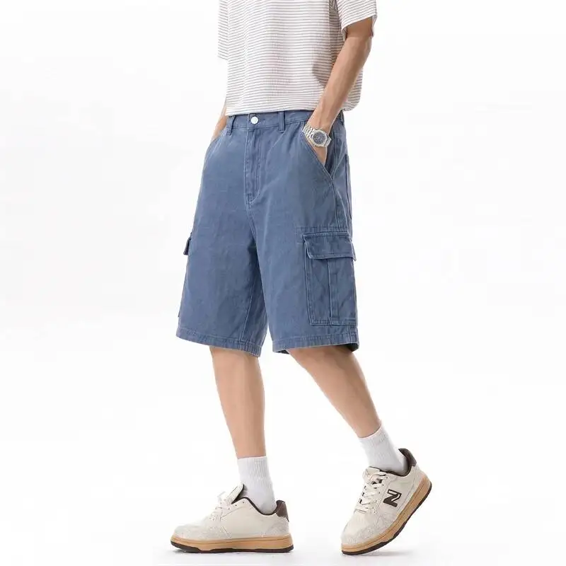 

Summer New Men's Denim Cargo Shorts Blue Washed Multi Pocket Loose Fit Casual Streetwear Knee Length Jeans