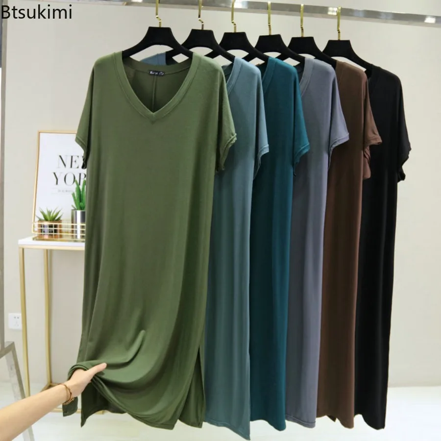 New 2026 Summer Women's Modal Short Sleeve Nightdress V-Neck Thin Style Base Dress Loose Slit Knee-Length Long Skirt for Women