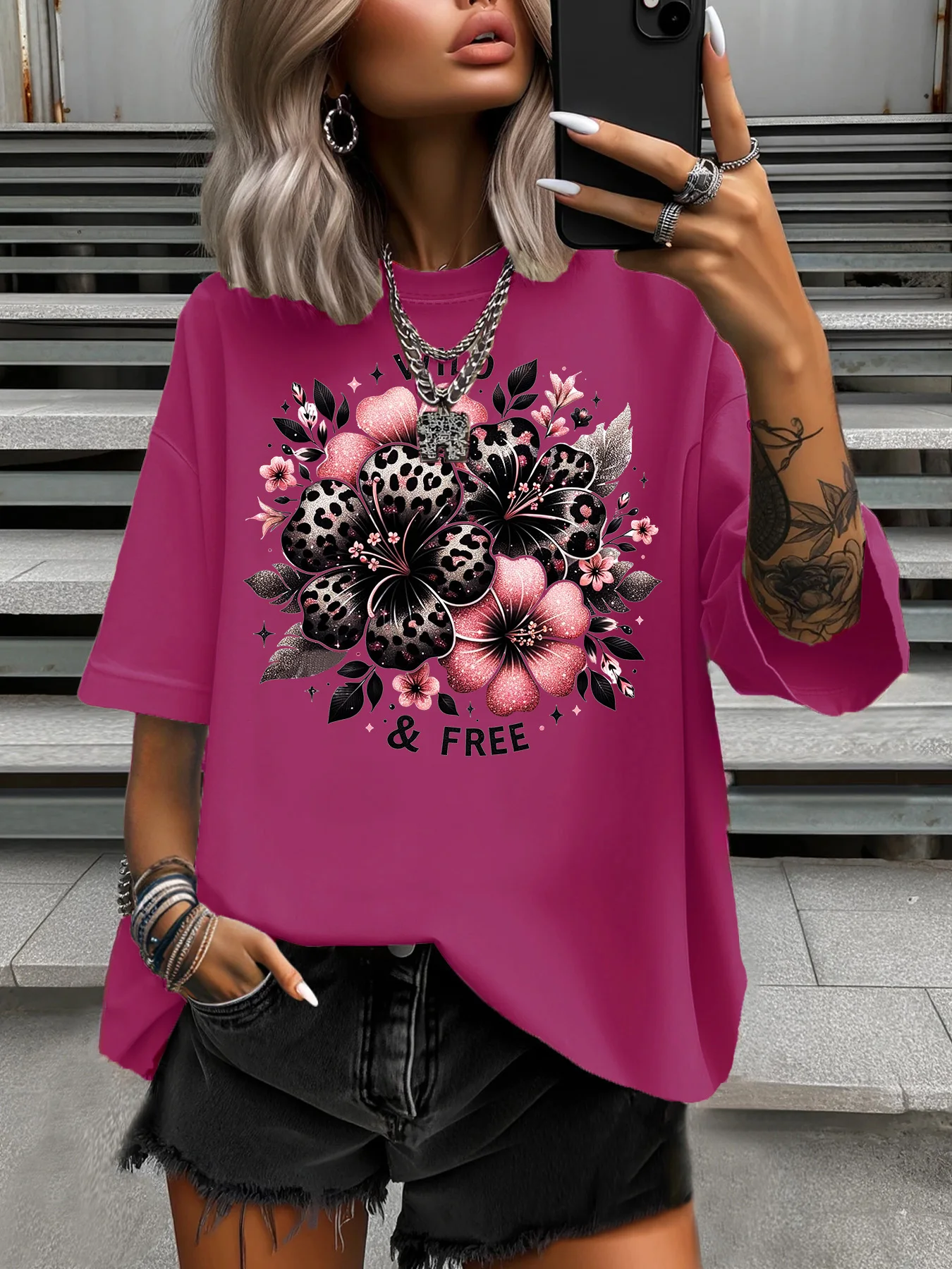 

Summer Women's Plus Size T-Shirt Original Design Fashion Black Flower Letter Printed Women's Casual Crew Neck Short Sleeved Tops