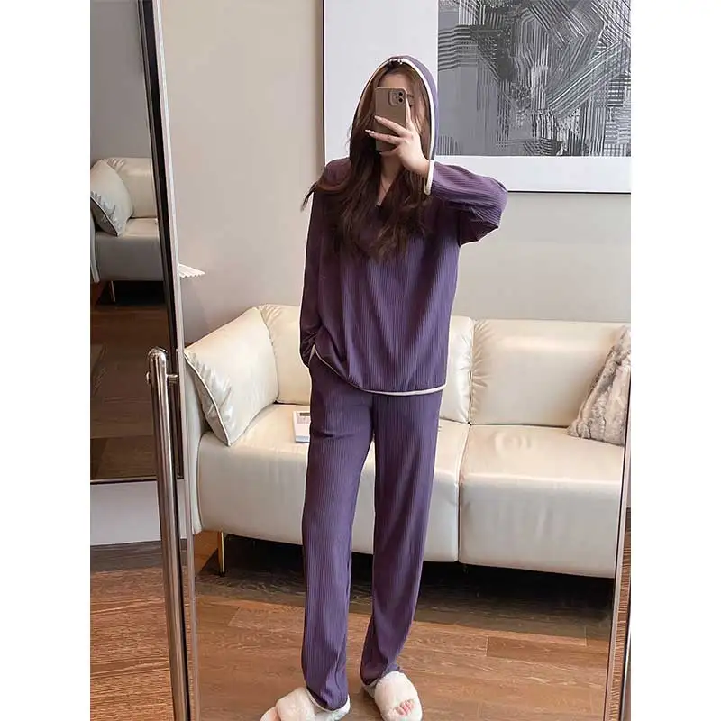 Frauen pyjama anzug frühling baumwolle streifen lange-ärmeln mit kapuze rundhals pullover casual große größe einfarbig hause kleidung