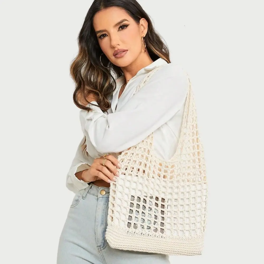 Borsa a tracolla in maglia tinta unita Borsa tote versatile all'uncinetto bohémien di grande capacità Borsa in tessuto casual scavata da donna
