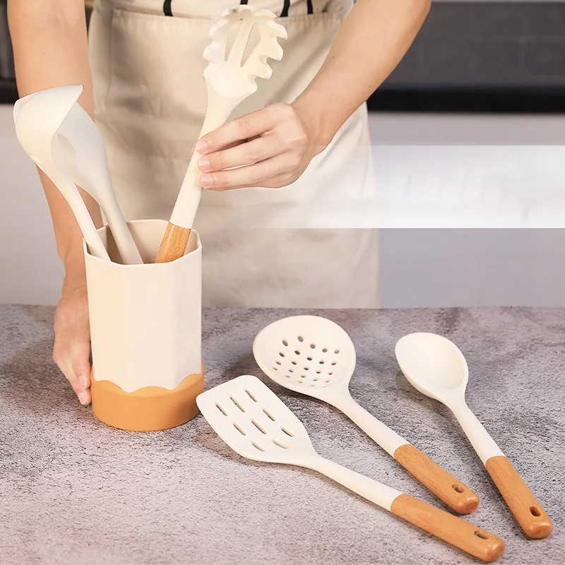 1PC Thickened white wooden handle silicone kitchenware seven piece set, silicone spatula kitchen cooking utensils