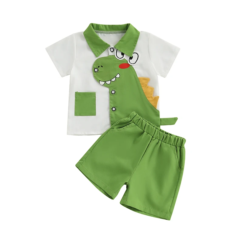 

Baby Toddler Boy Dinosaur Outfit Short Sleeve Button-up Shirt Solid Elastic Waist Shorts 2 Piece Summer Set