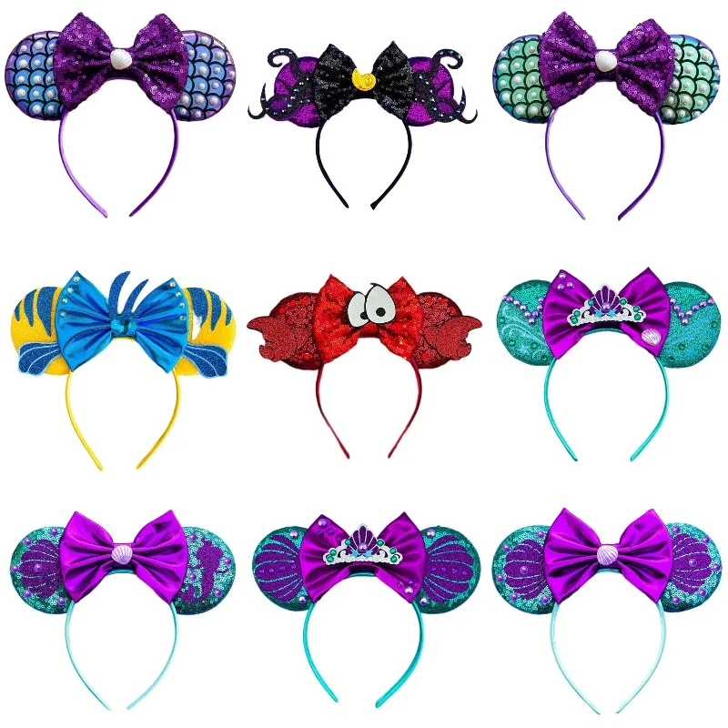 

Disney The Little Mermaid Ears Headbands Women Sebastian Hairbands Girl Flounder Hair Accessories Kids Sequins Bow Headwear Gift