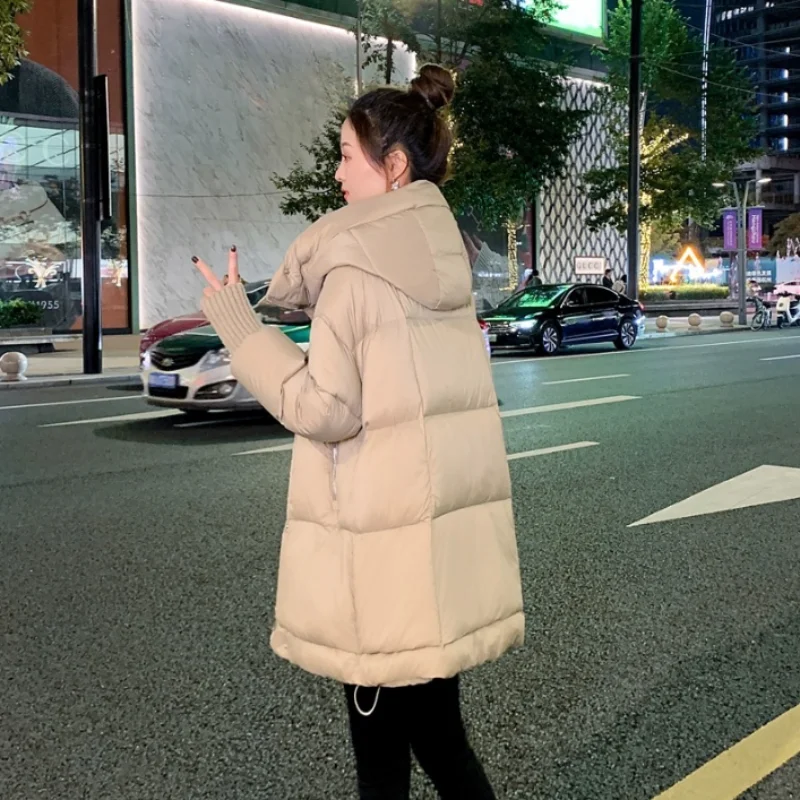 Down Hooded Jackets for Women, Mid-length Pockets, Casual Outerwears, Warm Parka, Thick, Korean Fashion, New Coats, 2024