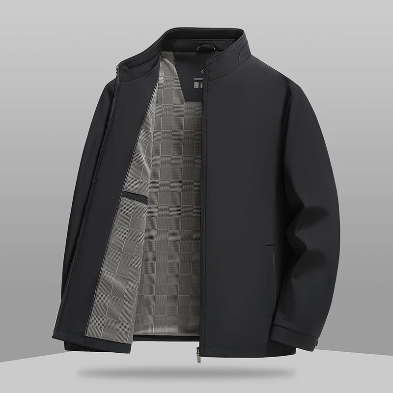 2025 Autumn Men Black Jacket Stand Collar Zipper Open Design Essential Coat Smart Casual Business Office Daily Excutive Outfits