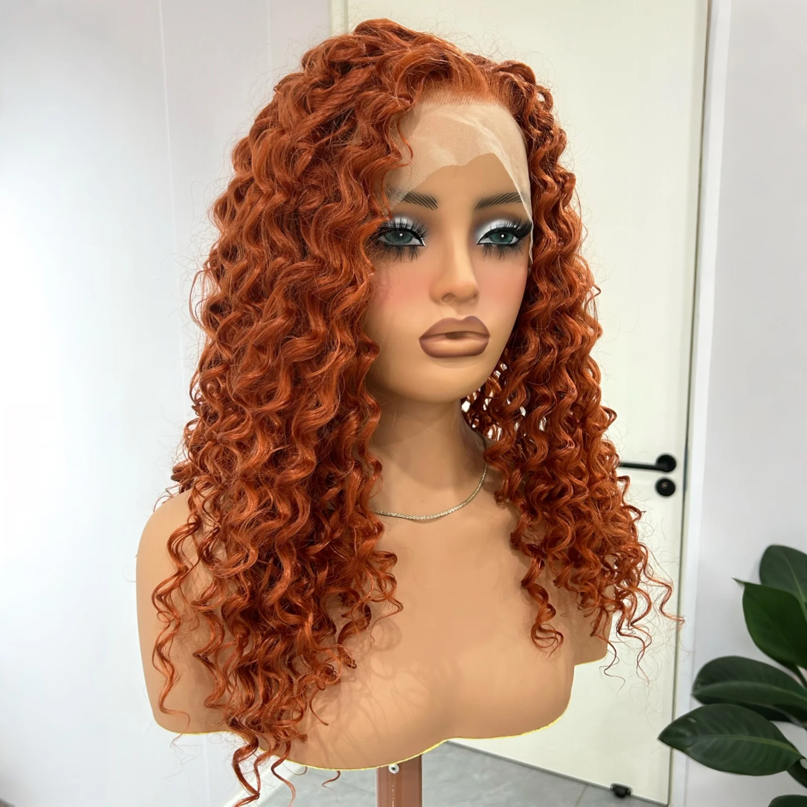 Peluca rizada Auburn, pelucas frontales de encaje sintético para mujer, parte libre, jengibre, rizado largo y profundo, pelucas rizadas Afro 13X4 para fiesta diaria