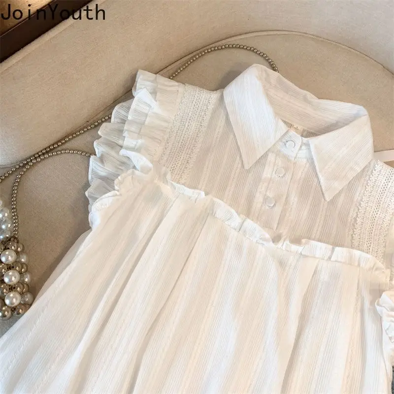 Summer Blouse Women Sleeveless Sweet Ruffles White Shirts 2024 Blusas Mujer De Moda Korean Fashion Loose Vintage Blouses Tops