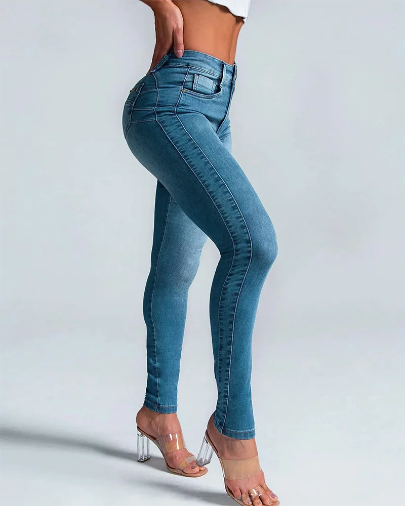 New High Waist Slim Fit Elastic Shaped Feet Pants Skinny Women's Jeans Streetwear Fashion Trousers Denim Pencil Pants