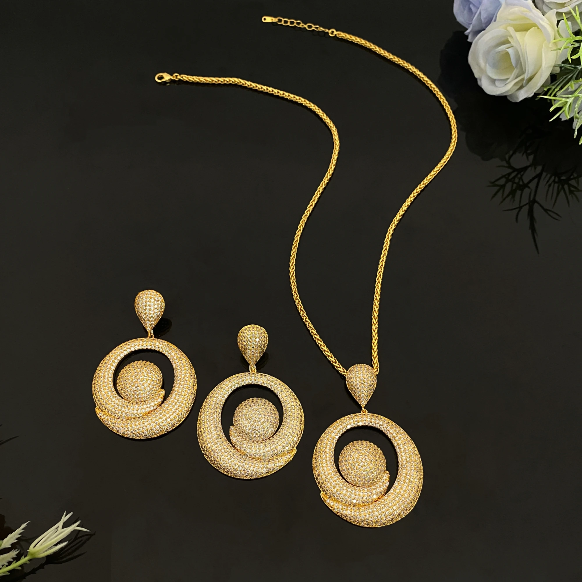 JRH Dubai Gold Plated Circle Pendants 2-Piece Set with Micro-Inlaid Zircons Luxury Jewelry for Women or Parties