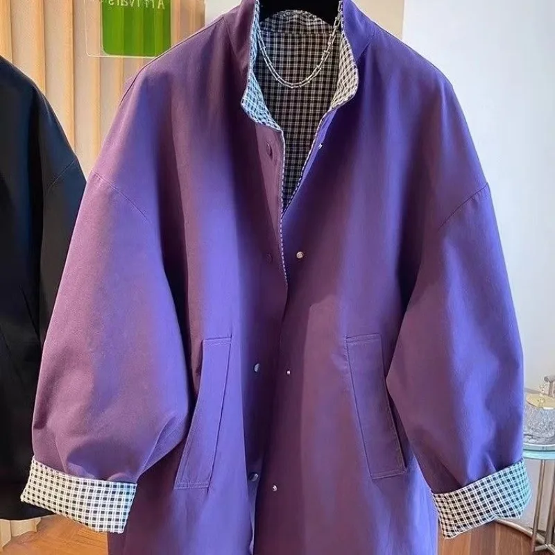 

Elegant Simple Stand Collar Plaid Oversize Coat Women Loose Long Sleeve Jackets 2025 Spring Autumn New Black Tops Mujer