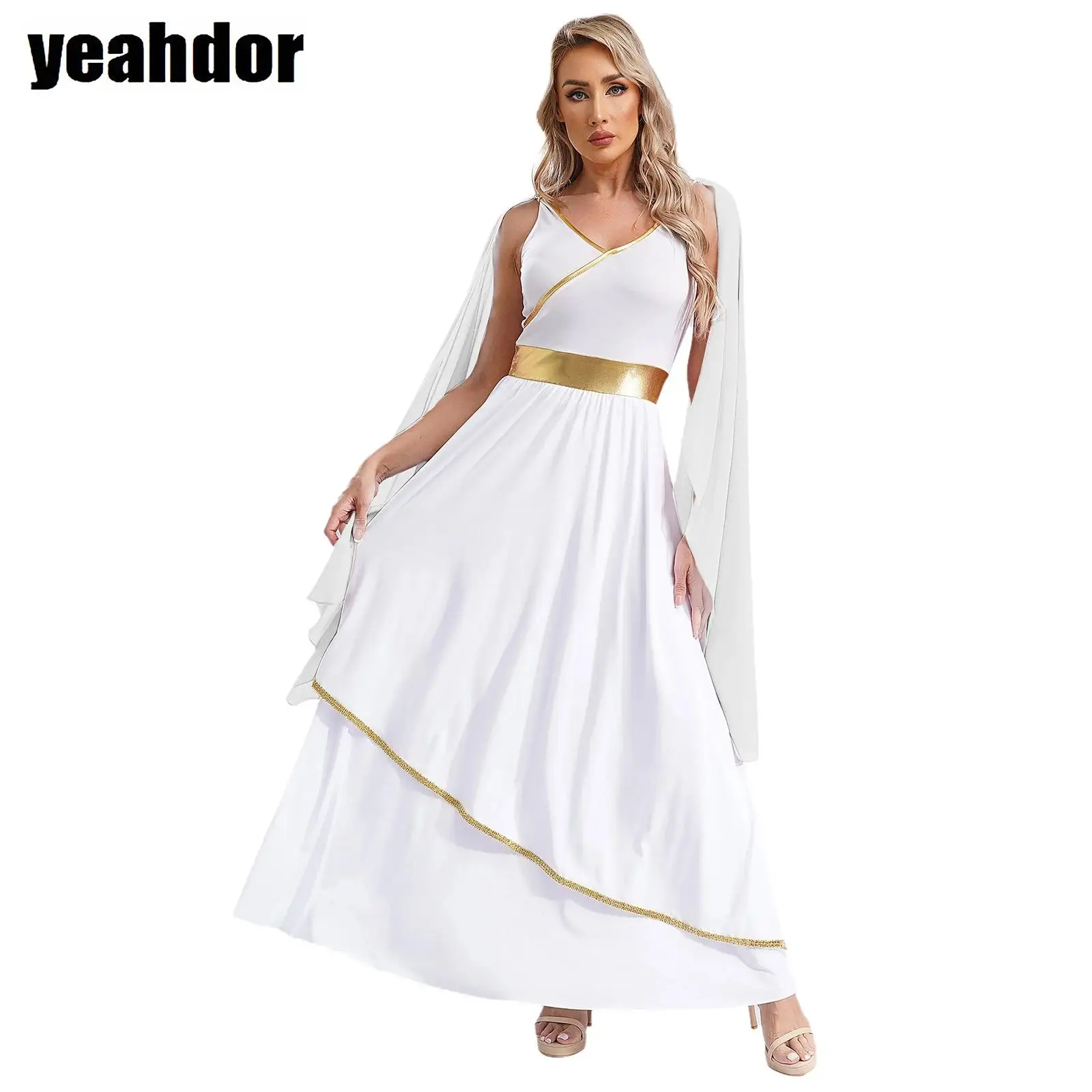 

Women Ancient Greek Toga Costume Grecian Sleeveless Gown Dress Flowy Tulle Dress for Halloween Cosplay Performance Roman Costume