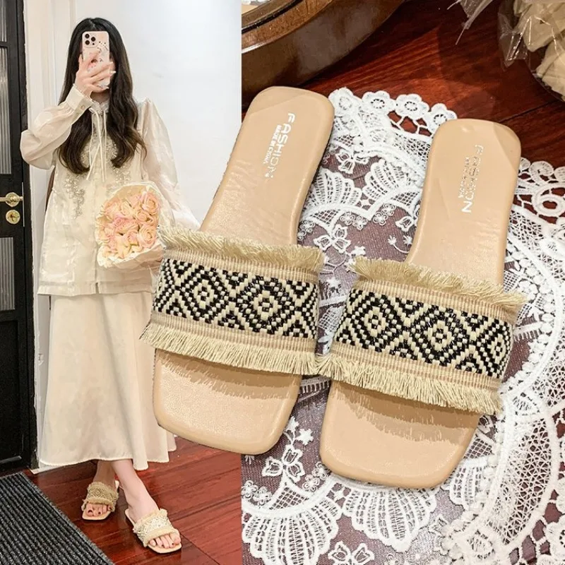 

Hemp Massage Front Open Toe Outdoor Casual Shoes Summer Straw Weaving Chaussure Slippers Women's Fashion Trend Anti Slip Wear 43