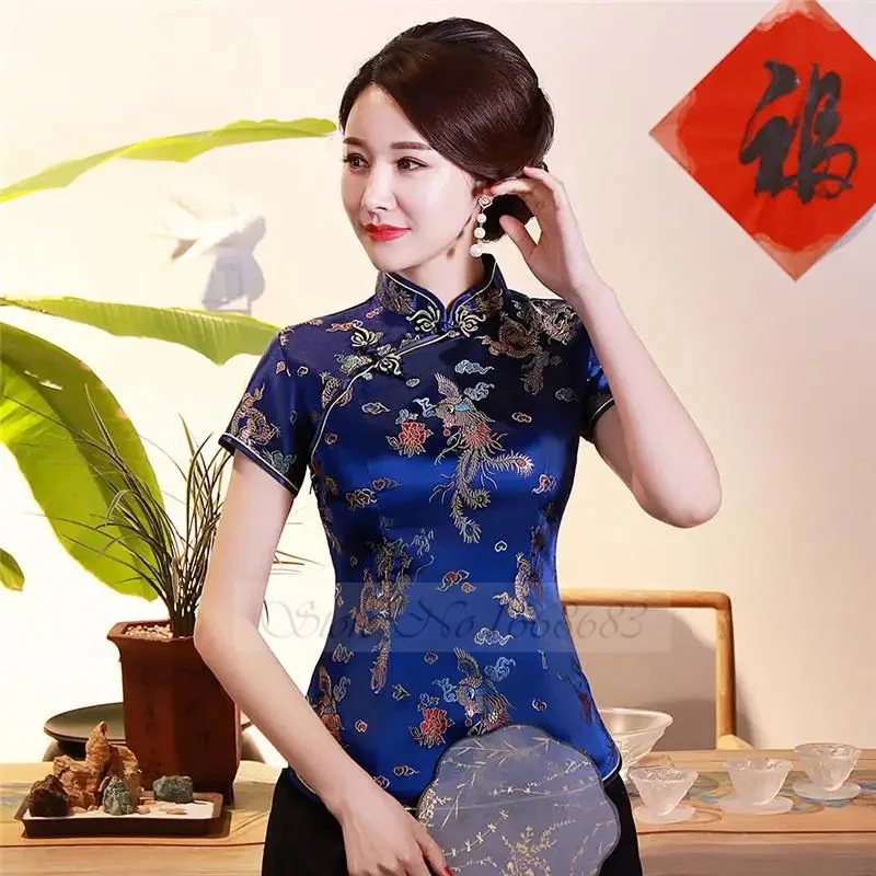 Oversize Vintage Chinese Style Blouse Tang Suit Top Summer Dragon Wedding Clothing Women Satin Shirt Traditional Classic Clothes