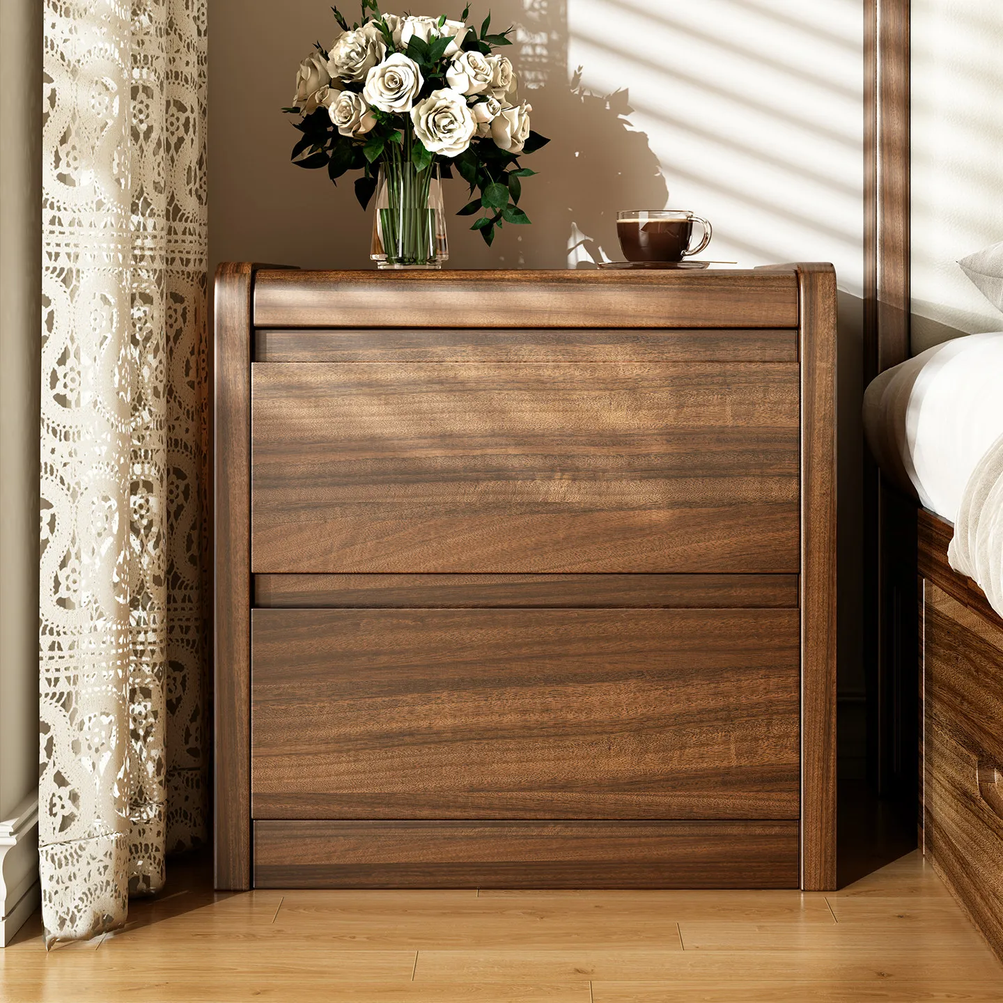 All solid wood bedside table, hidden drawer mechanism, modern Chinese walnut home storage four-drawer bedside cabinet