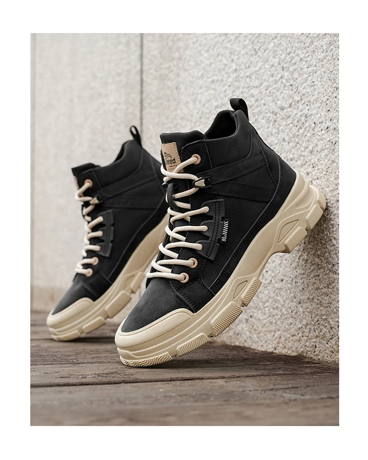 Zweifarbige Canvas-High-Top-Arbeitsstiefel für Herren, klobige, rutschfeste Plateau-Sneaker zum Schnüren für Wandern, Camping, tägliche Pendelfahrten – Detail 1